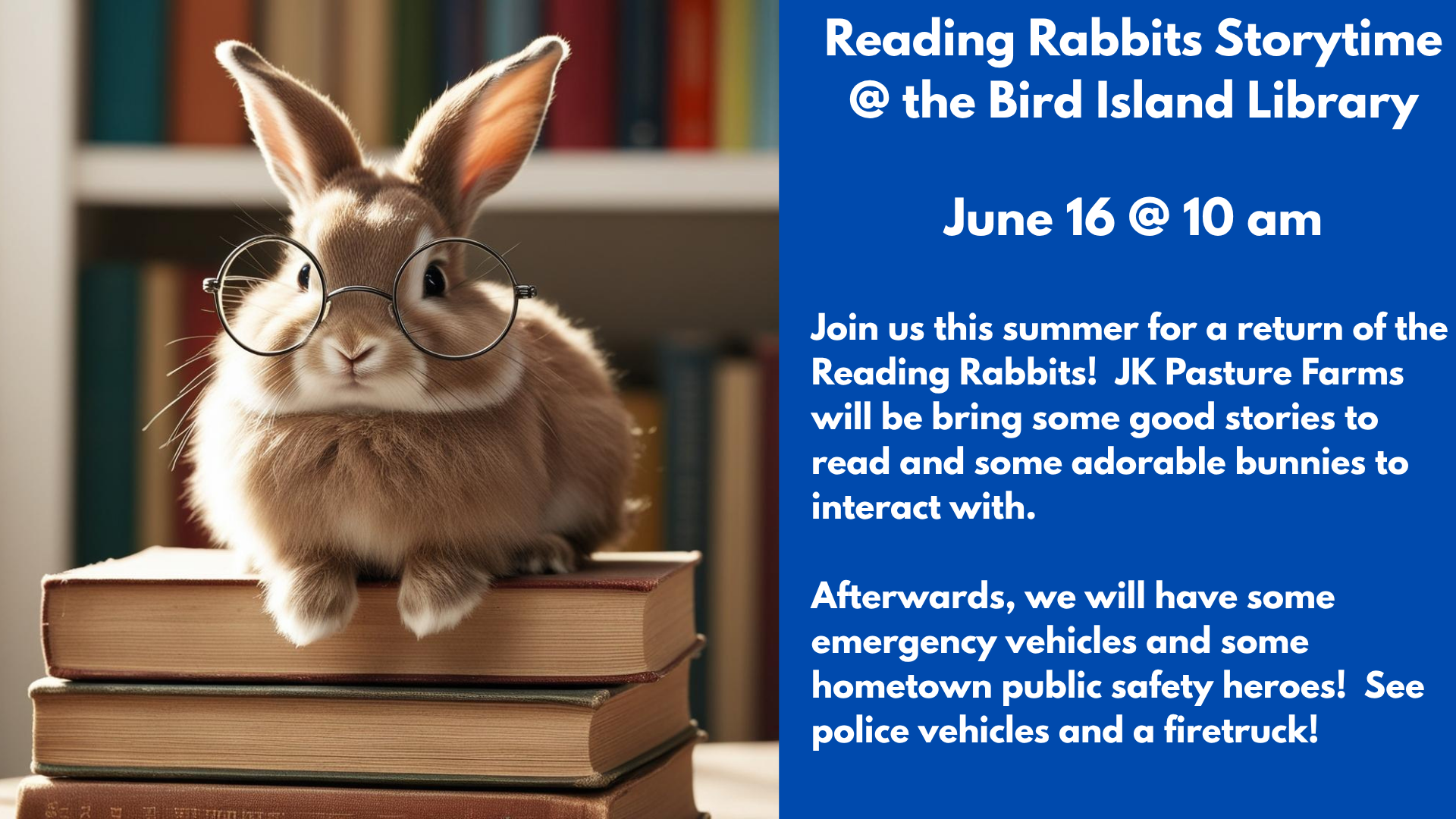 Reading Rabbits Storytime
@ the Bird Island Library
June 16 @ 10 am
Join us this summer for a return of the Reading Rabbits! JK Pasture Farms will be bring some good stories to read and some adorable bunnies to interact with.
Afterwards, we will have some emergency vehicles and some hometown public safety heroes! See police vehicles and a firetruck!